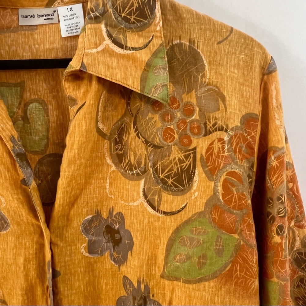 Harve Benard Top Size 1X  Blouse Button Down Long Sleeve Floral Linen Blend - Picture 3 of 4